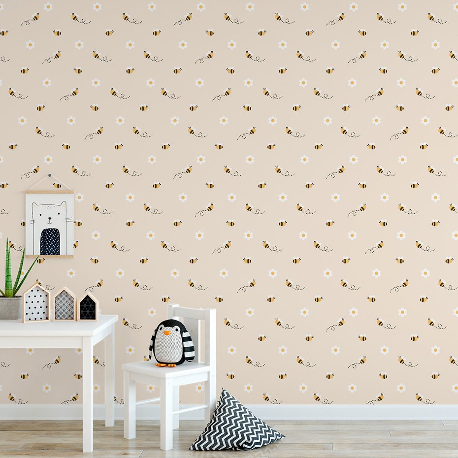 Tapeta - dziecięca, pszczoły, kwiaty,