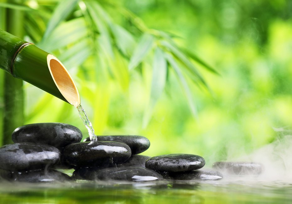 Fototapeta - bambus, kamienie, woda