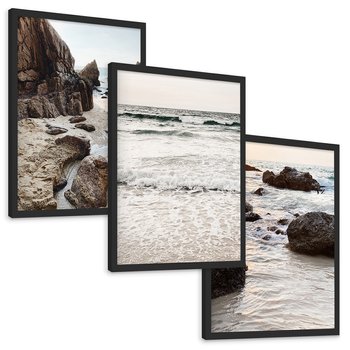 Zestaw obrazy w ramie, plakaty - plaża, morze, skały - rama czarna