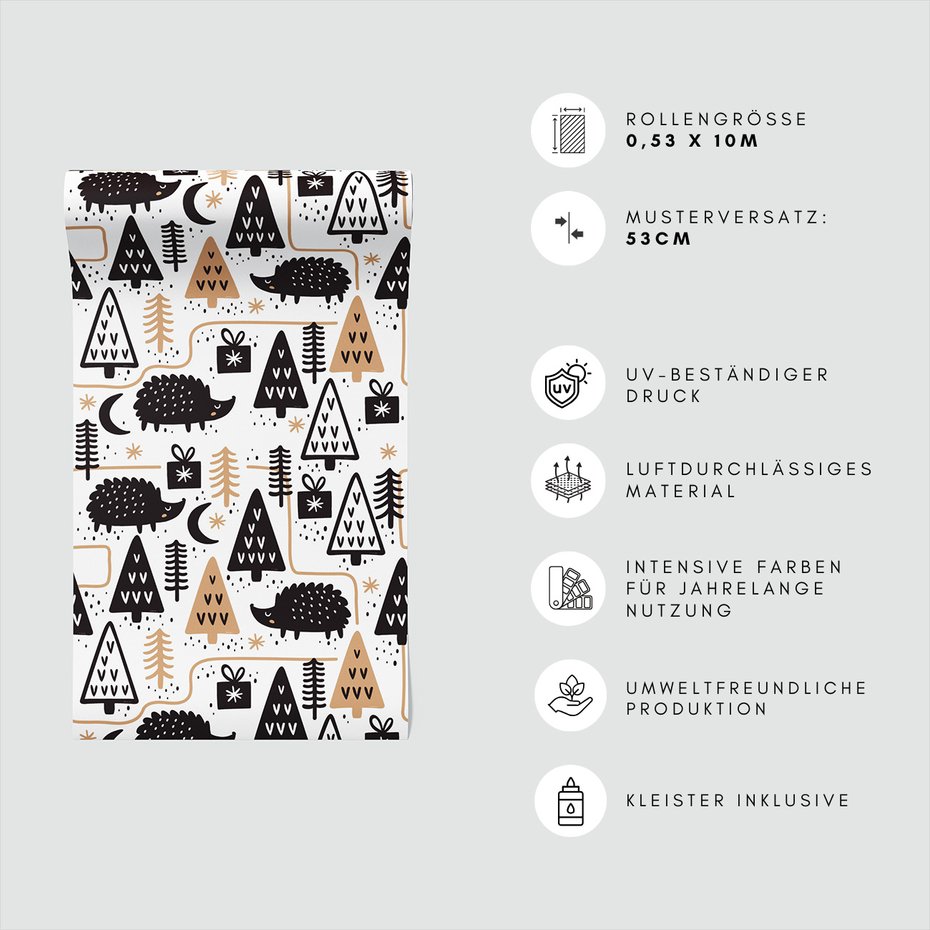 Tapeta - dziecięca, jeże, prezenty, drzewa