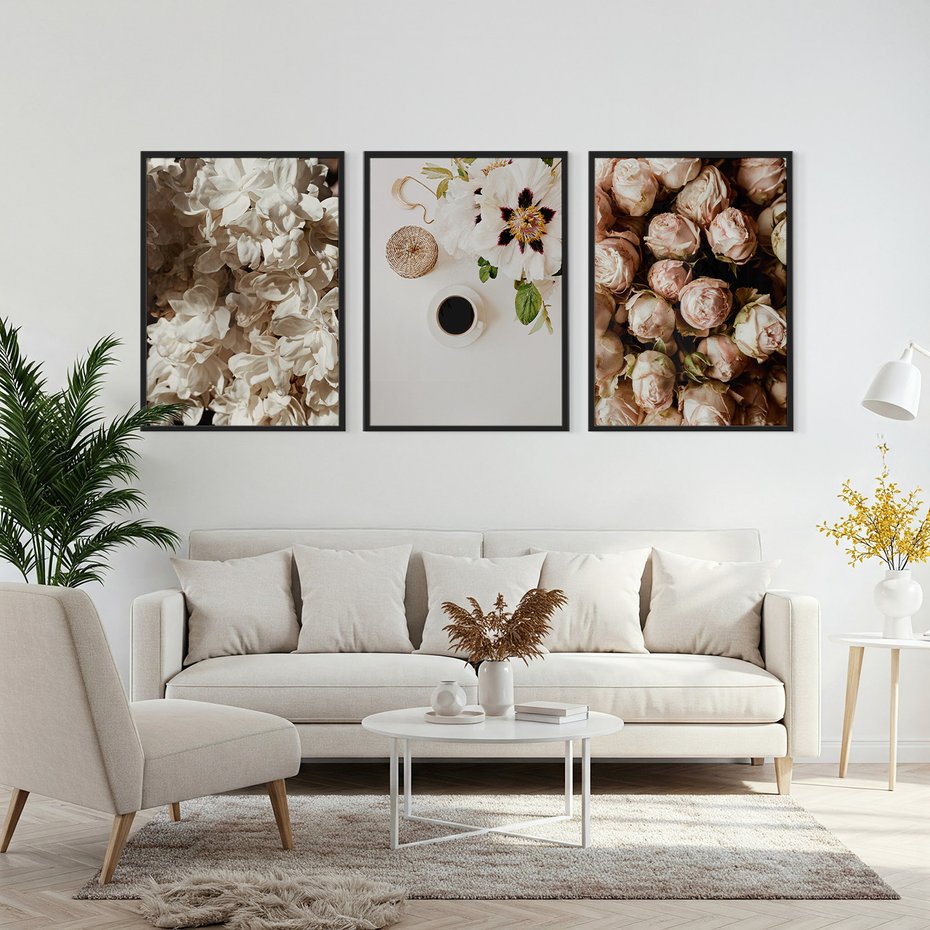 Zestaw obrazy w ramie, plakaty - kwiaty, róże, bukiet - rama czarna