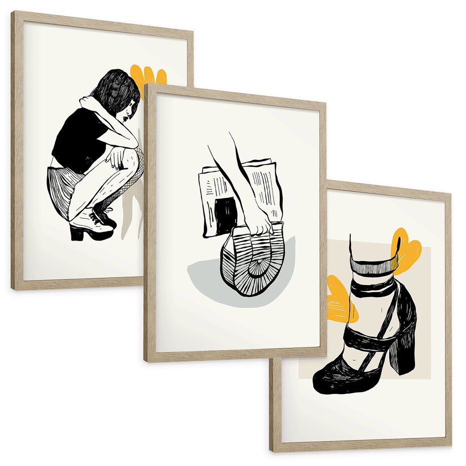 Zestaw obrazy w ramie, plakaty - rysunek, kobieta, kwiat - rama drewno