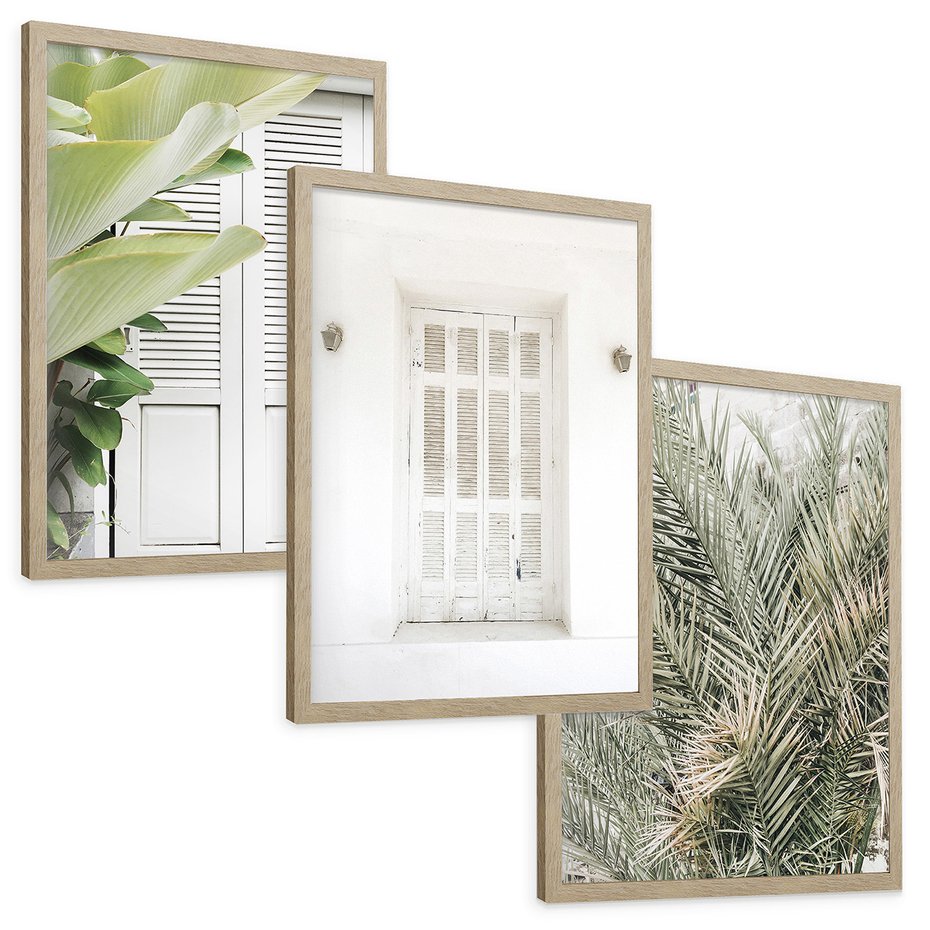 Zestaw obrazy w ramie, plakaty - liście, okno, ściana - rama drewno