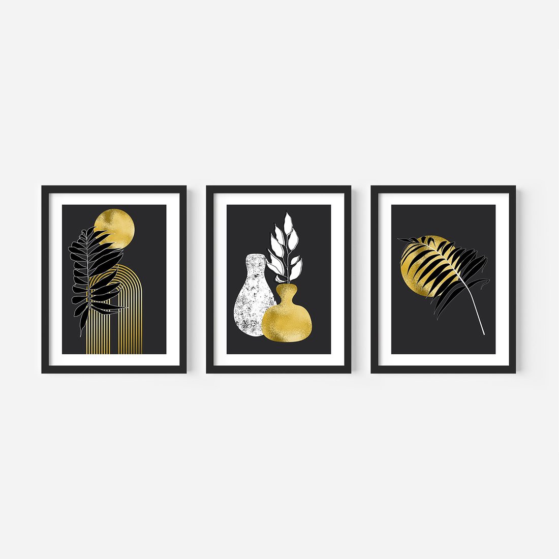 Zestaw obrazy w ramie, plakaty - liście, złoto, abstrakcja - rama czarna
