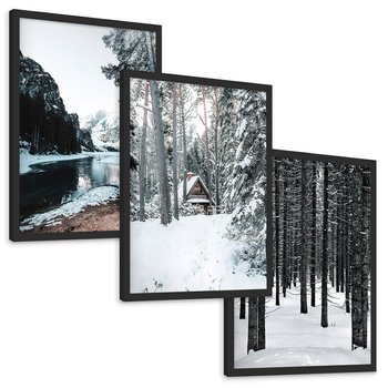 Zestaw obrazy w ramie, plakaty - zima, śnieg, las - rama czarna