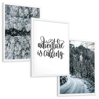 Zestaw obrazy w ramie, plakaty - zima, śnieg, las - rama biała