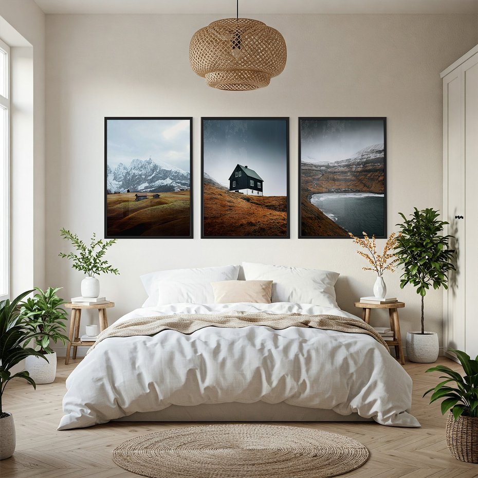 Zestaw obrazy w ramie, plakaty - góry, domy, krajobraz - rama czarna