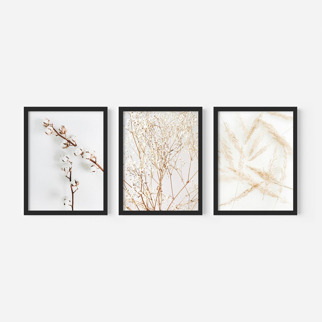 Zestaw obrazy w ramie, plakaty - kwiaty, gałązki, minimalizm - rama czarna