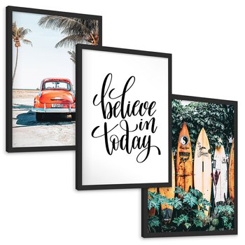 Zestaw obrazy w ramie, plakaty - palmy, samochód, deski surfingowe - rama czarna