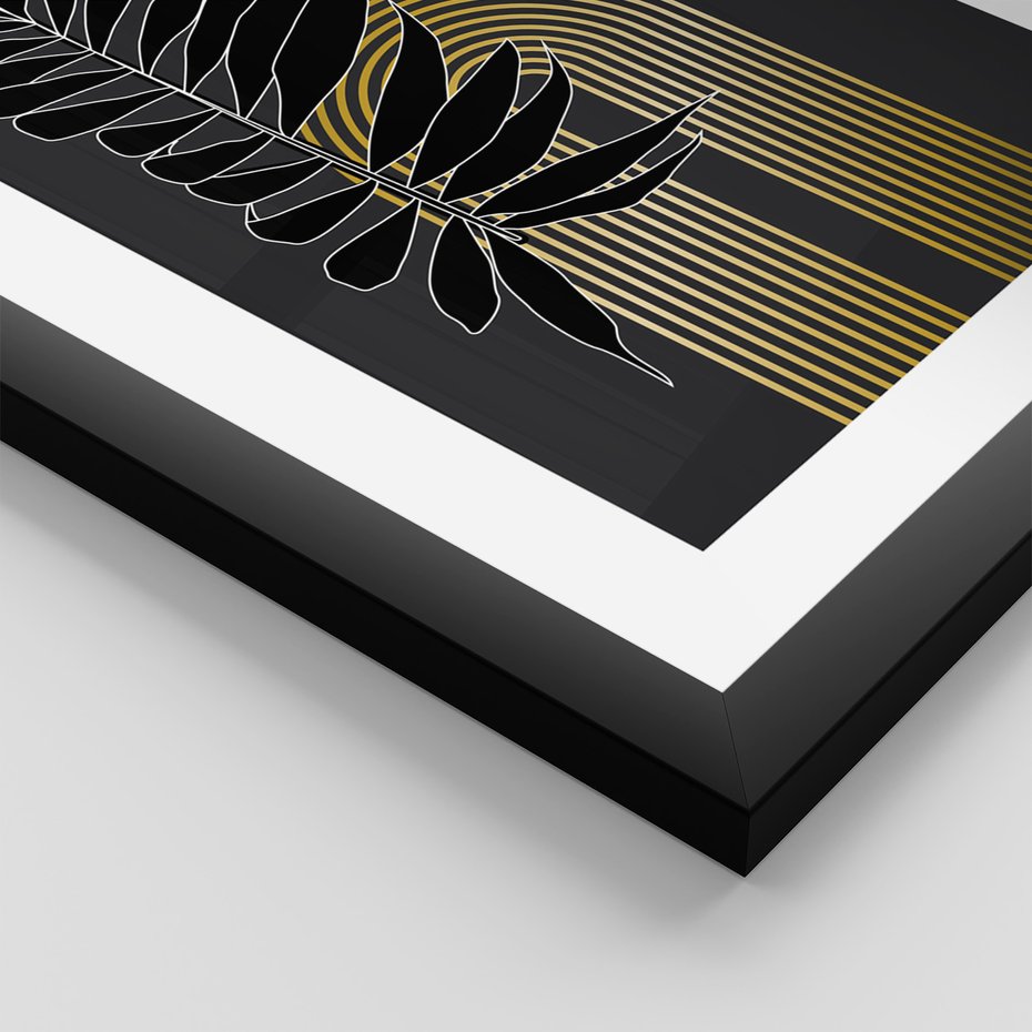 Zestaw obrazy w ramie, plakaty - liście, złoto, abstrakcja - rama czarna