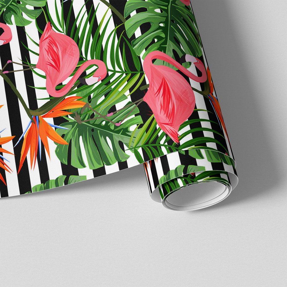 Tapeta - flamingi, liście, kwiaty