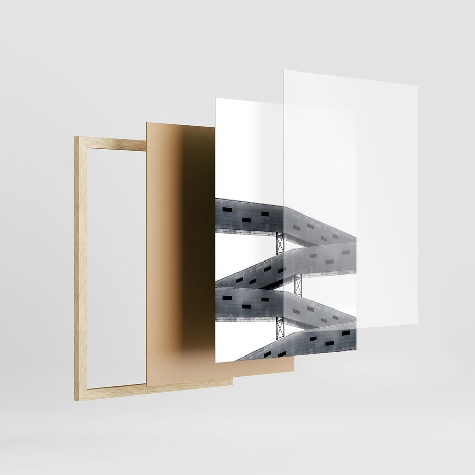 Zestaw obrazy w ramie, plakaty - architektura, budynki, minimalizm - rama drewno