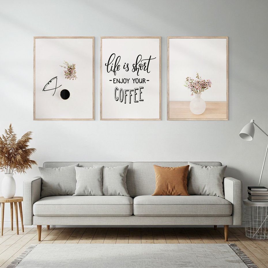 Zestaw obrazy w ramie, plakaty - kwiaty, kawa, okulary - rama drewno