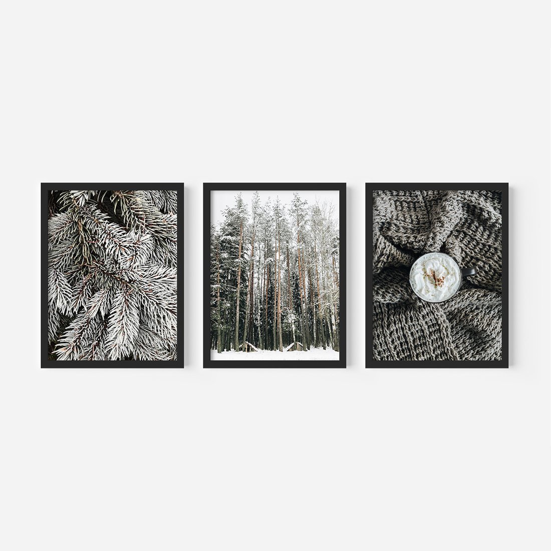 Zestaw obrazy w ramie, plakaty - zima, śnieg, las - rama czarna
