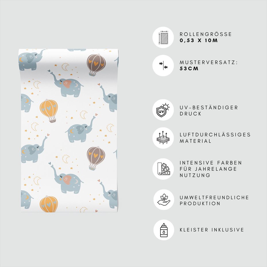 Tapeta - dziecięca, słonie, balony, gwiazdy