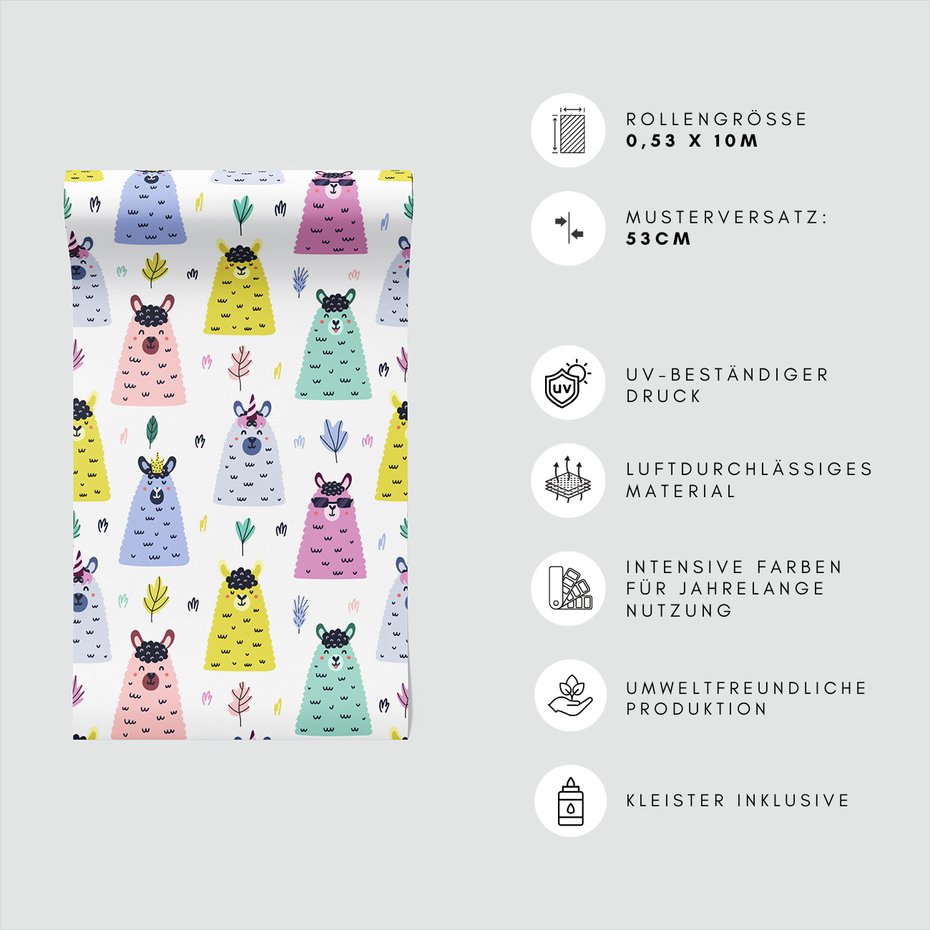 Tapeta - dziecięca, lama, jednorożec, wzór