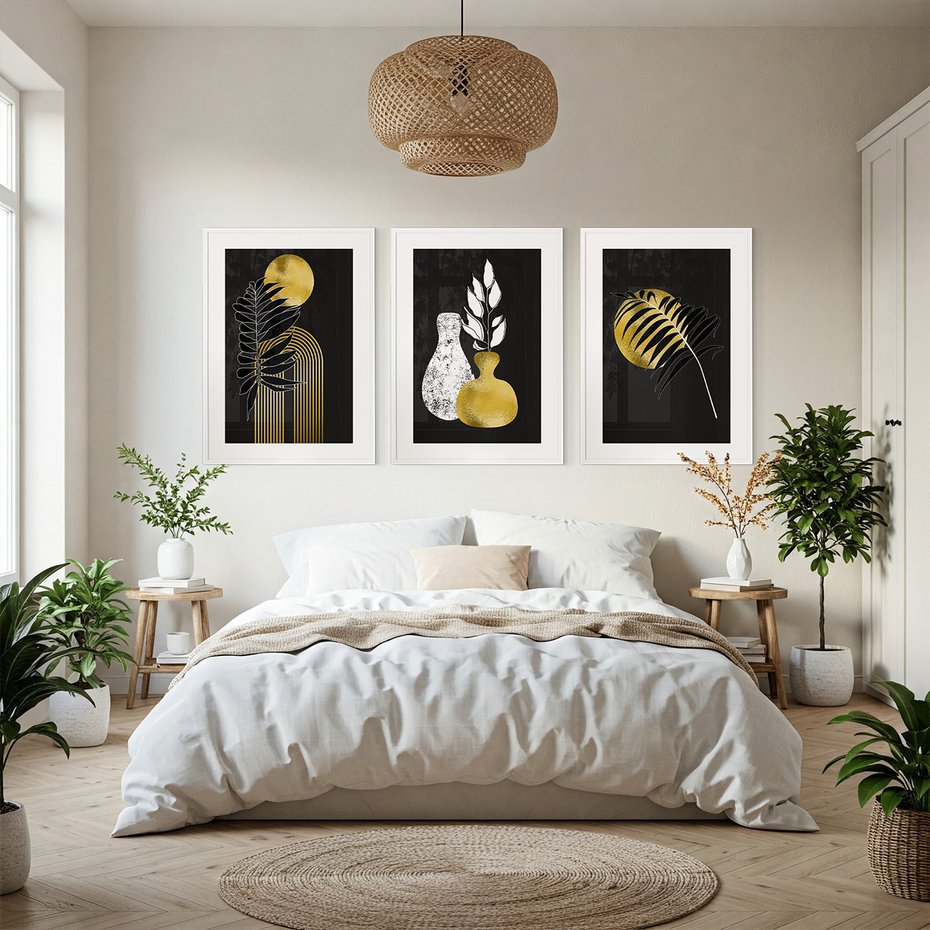 Zestaw obrazy w ramie, plakaty - liście, złoto, abstrakcja - rama biała