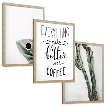 Zestaw obrazy w ramie, plakaty - kawa, kaktus, napisy - rama drewno