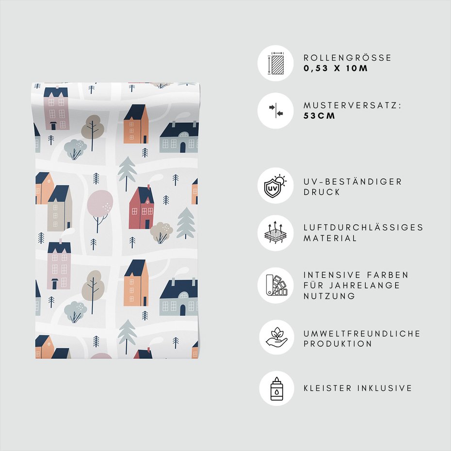 Tapeta - dziecięca, domy, drzewa,