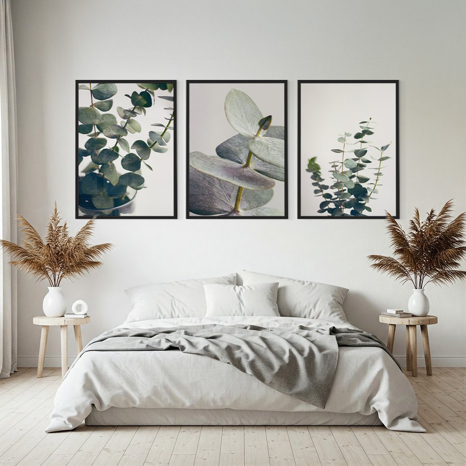 Zestaw obrazy w ramie, plakaty - eukaliptus, liście, gałązki - rama czarna