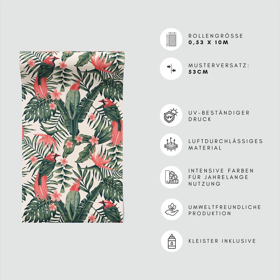 Tapeta - liście, papugi, kwiaty