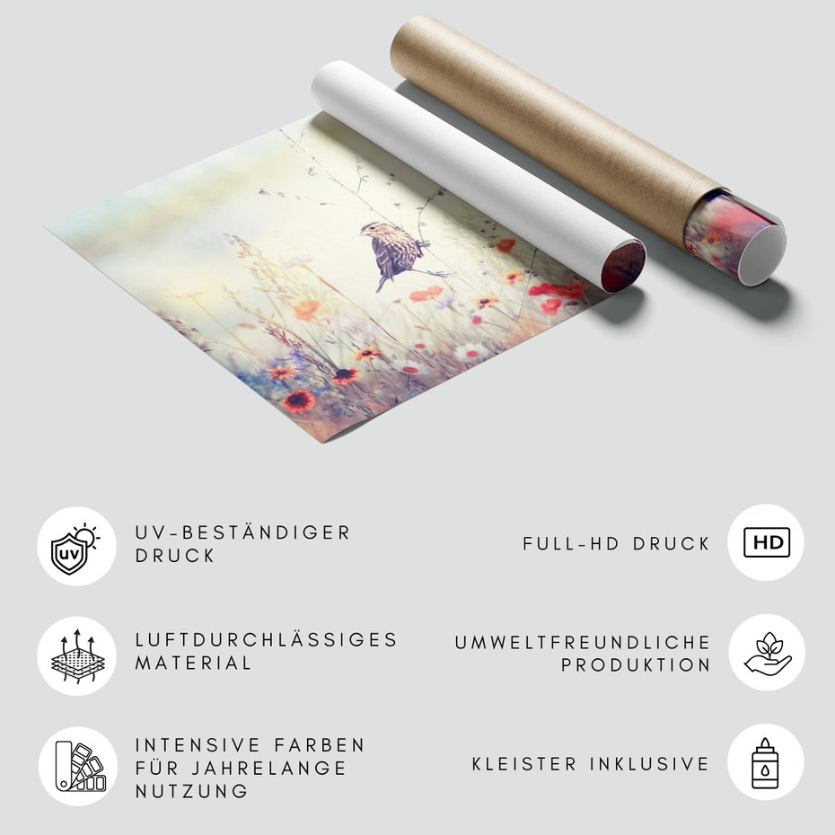 Fototapeta - ptak, kwiaty, łąka