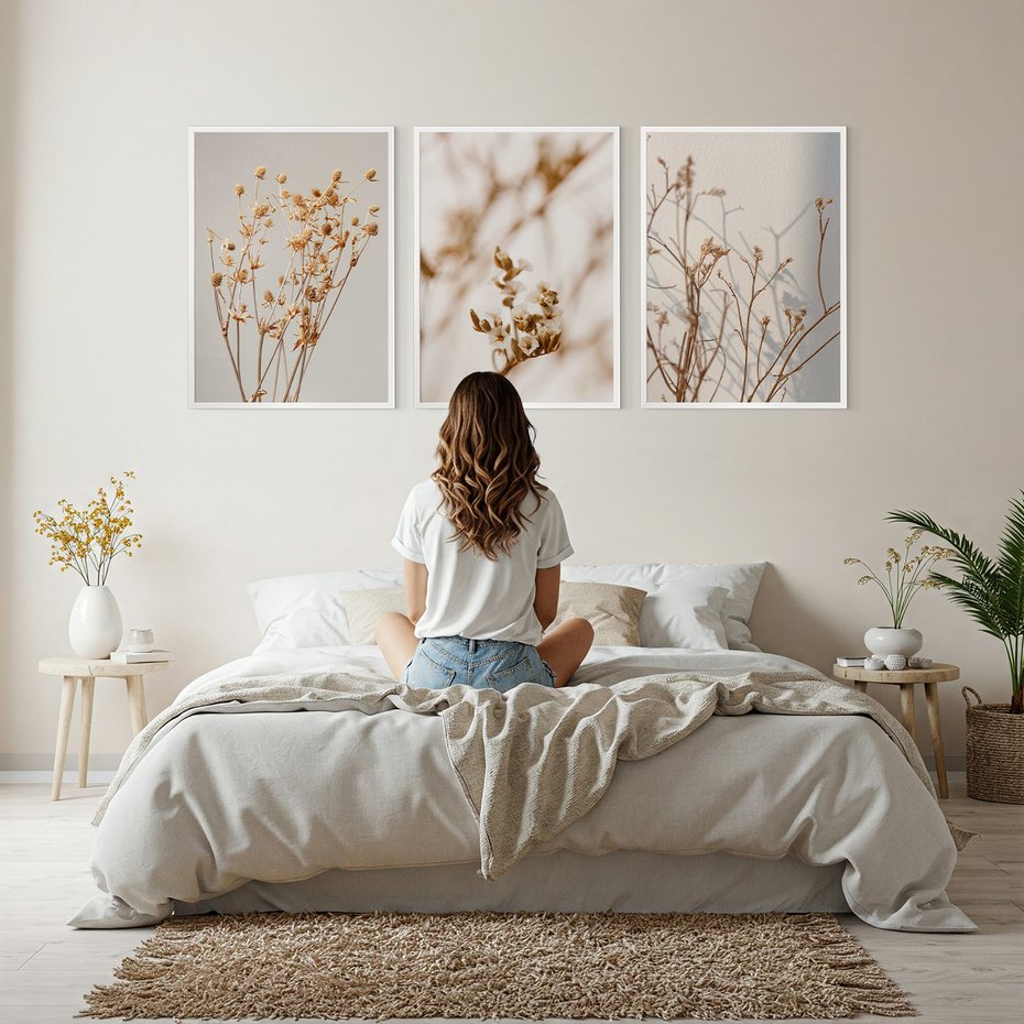 Zestaw obrazy w ramie, plakaty - kwiaty,rośliny,suszone, - rama biała