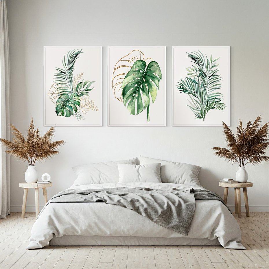 Zestaw obrazy w ramie, plakaty - liście, monstera, rośliny - rama biała