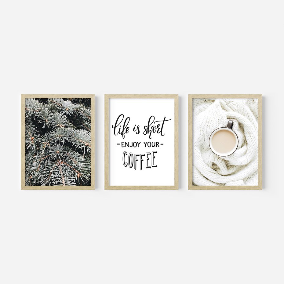 Zestaw obrazy w ramie, plakaty - igły, kawa, sweter - rama drewno
