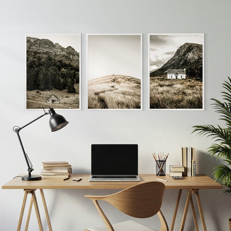 Zestaw obrazy w ramie, plakaty - góry, domy, krajobraz - rama biała