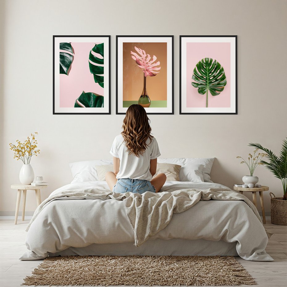 Zestaw obrazy w ramie, plakaty - monstera, liście, roślina - rama czarna