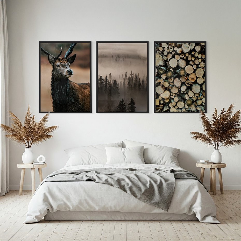 Zestaw obrazy w ramie, plakaty - las, drewno, natura - rama czarna