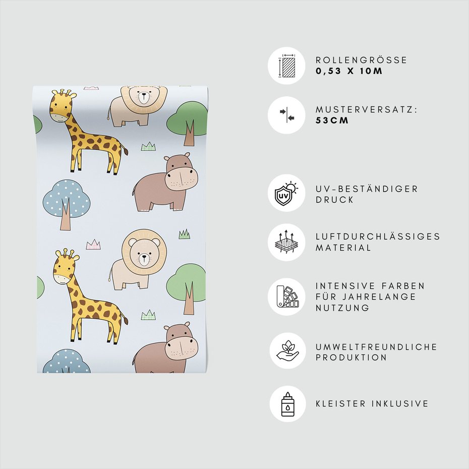 Tapeta - dziecięca, żyrafa, lew, hipopotam