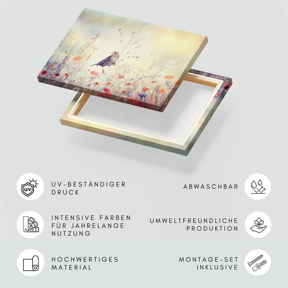 Obraz na płótnie - ptak, kwiaty, łąka