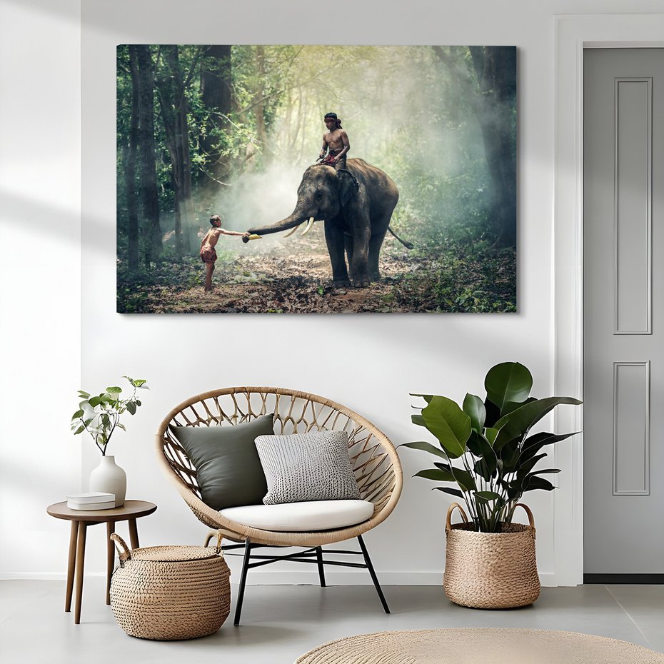 Obraz na płótnie - słoń, chłopiec, las