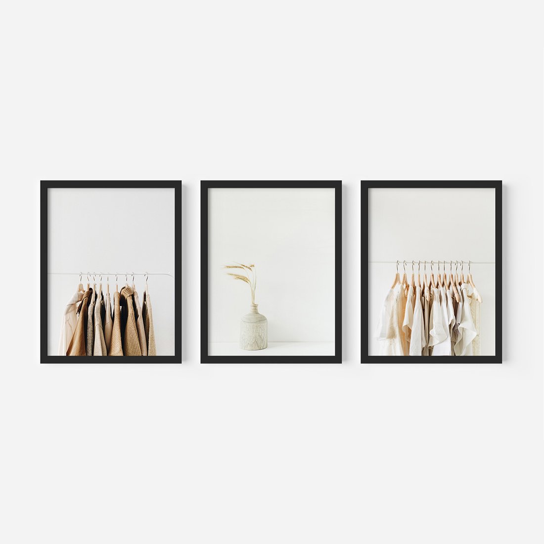 Zestaw obrazy w ramie, plakaty - ubrania, wazon, beżowy - rama czarna