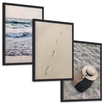 Zestaw obrazy w ramie, plakaty - plaża, morze, piasek - rama czarna