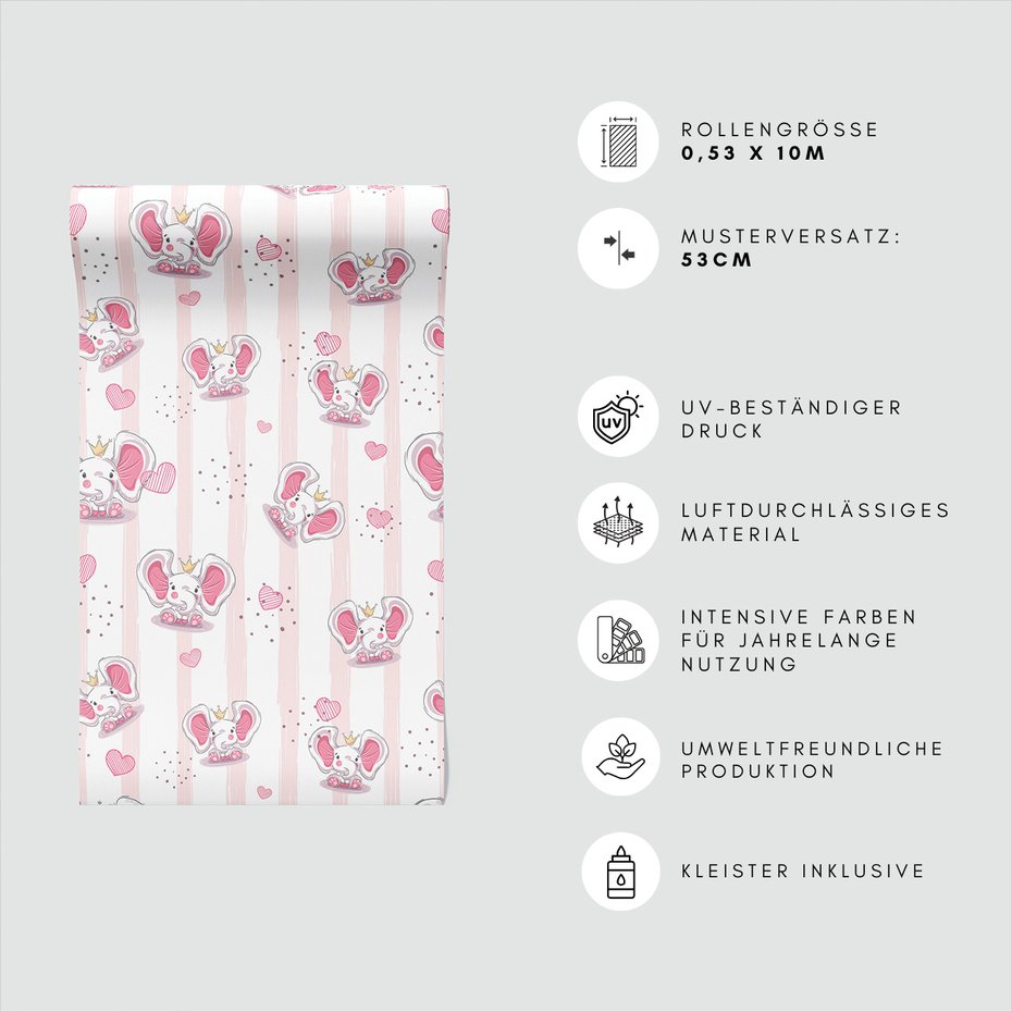 Tapeta - dziecięca, słonie, korony,