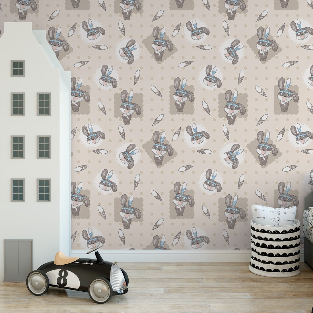 Tapeta - dziecięca, królik, pióro, kropki