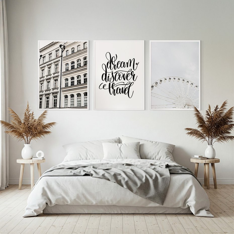 Zestaw obrazy w ramie, plakaty - budynek,typografia,koło - rama biała