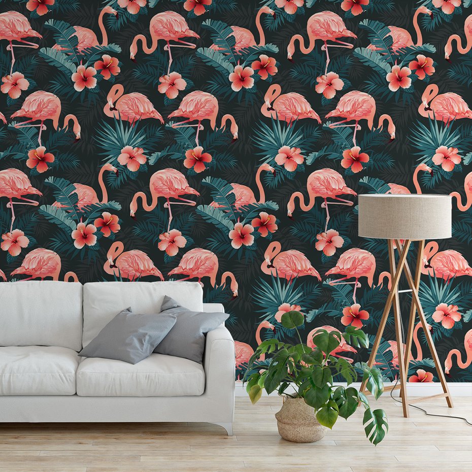Tapeta - flamingi, kwiaty, liście