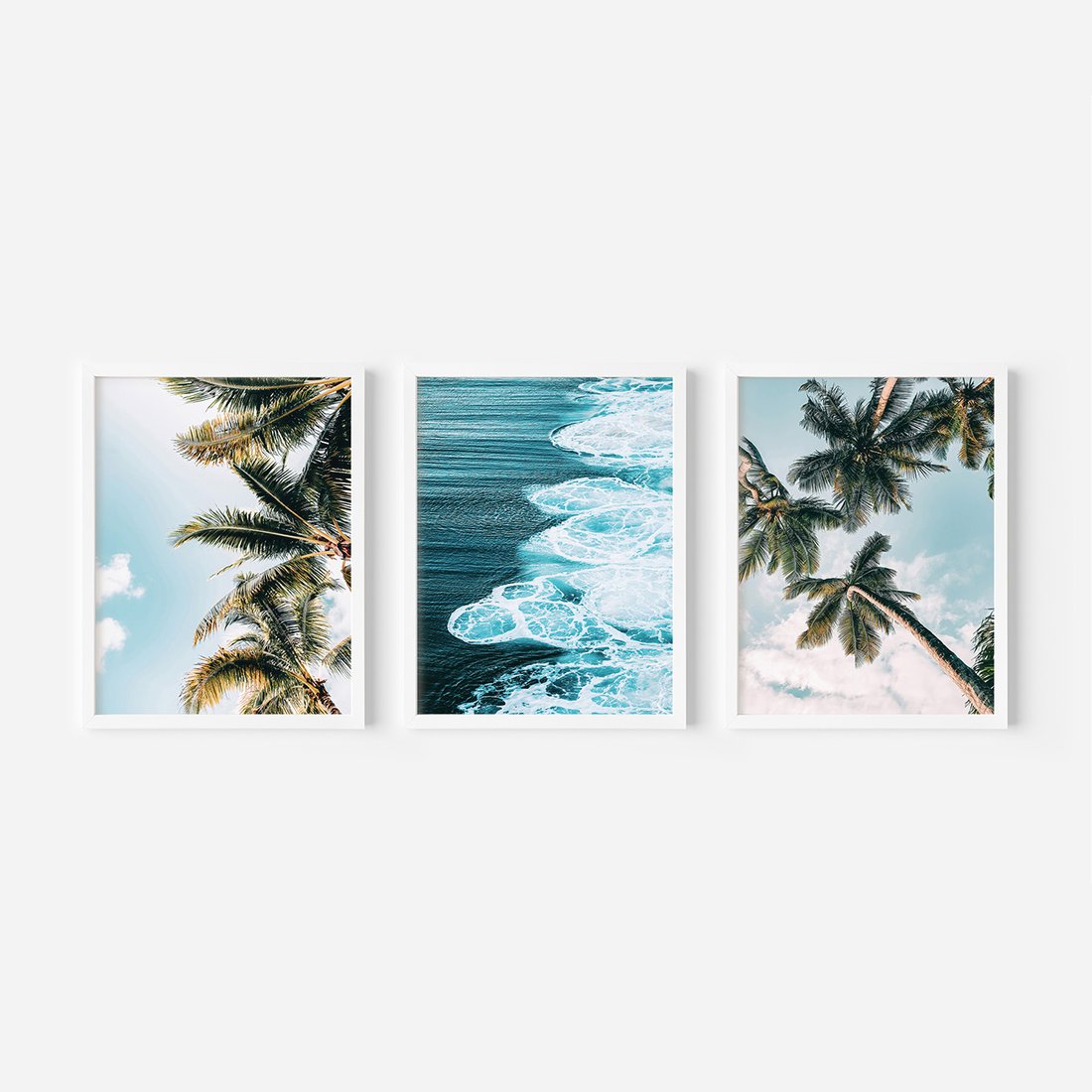 Zestaw obrazy w ramie, plakaty - palmy, morze, woda - rama biała