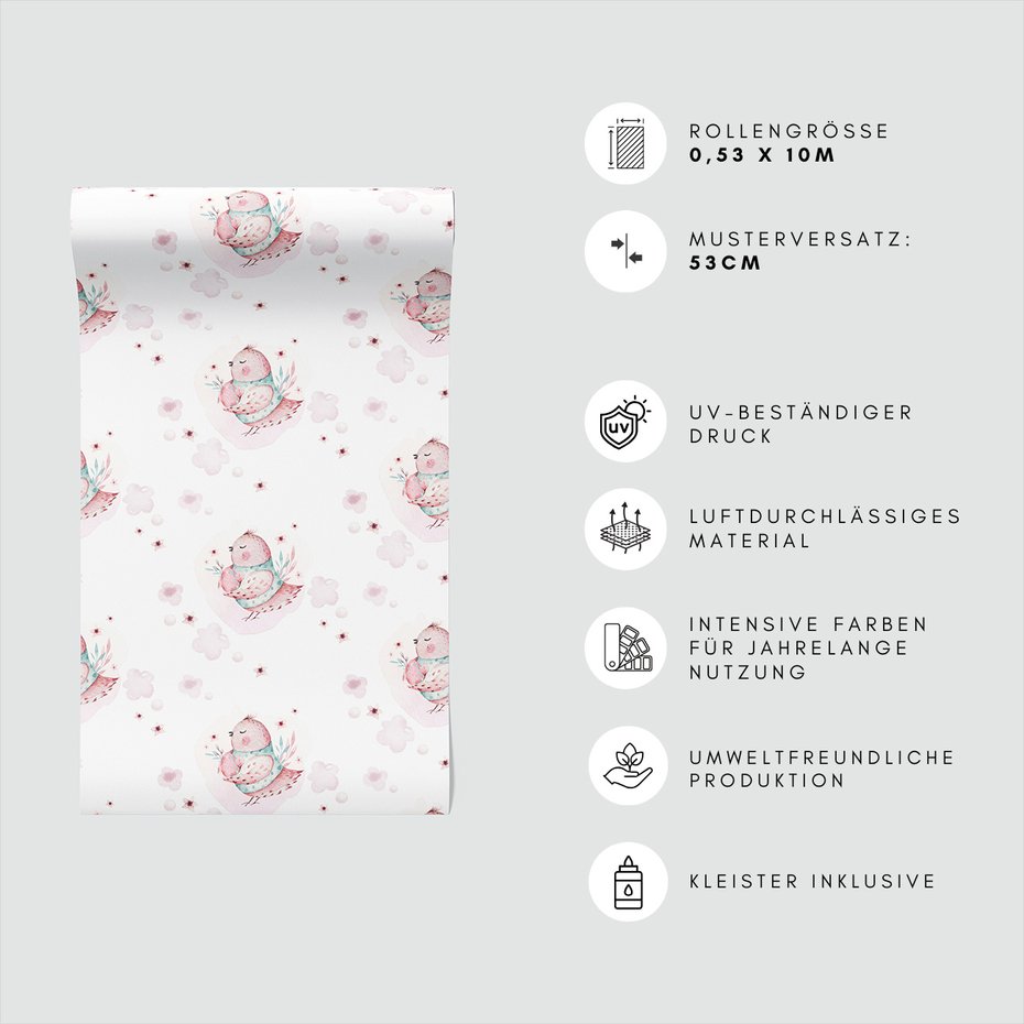 Tapeta - dziecięca, ptak, kwiaty, chmury