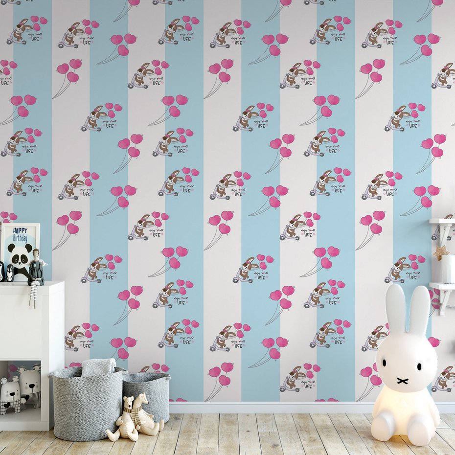 Tapeta - dziecięca, królik, hulajnoga, balony