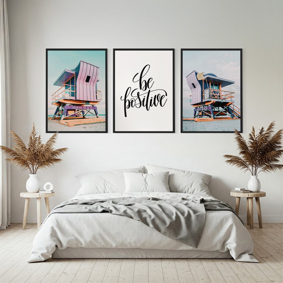 Zestaw obrazy w ramie, plakaty - plaża, budka ratownicza, morze - rama czarna