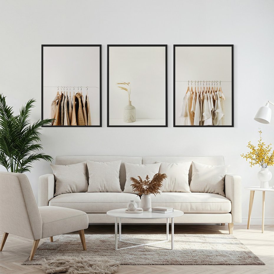 Zestaw obrazy w ramie, plakaty - ubrania, wazon, beżowy - rama czarna