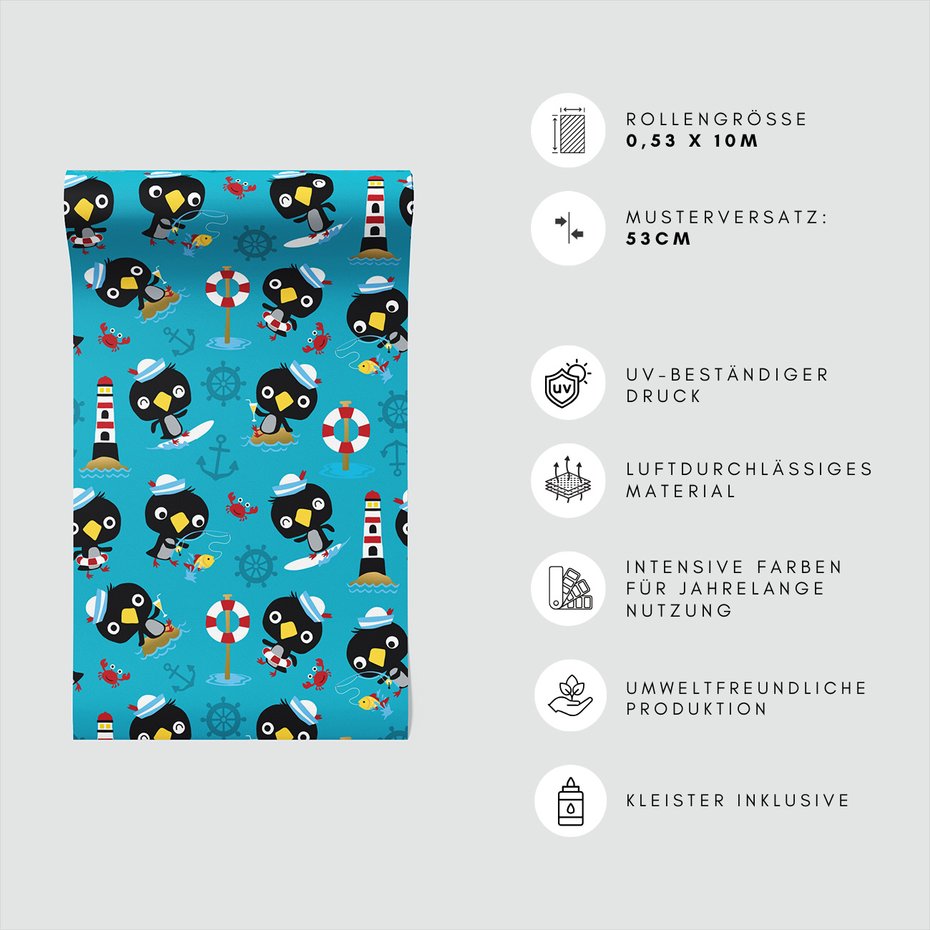 Tapeta - dziecięca, pingwin, morze, kotwica