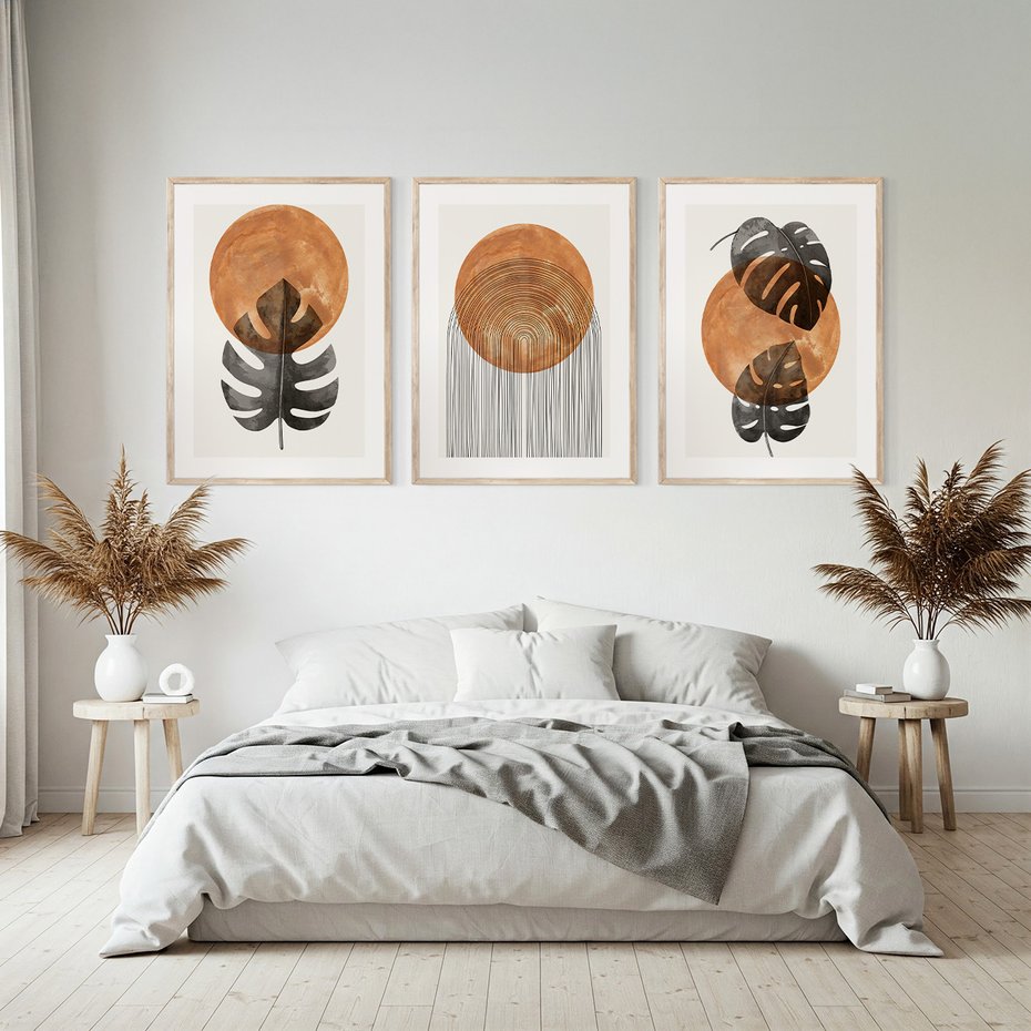 Zestaw obrazy w ramie, plakaty - liście, abstrakcja, okrąg - rama drewno