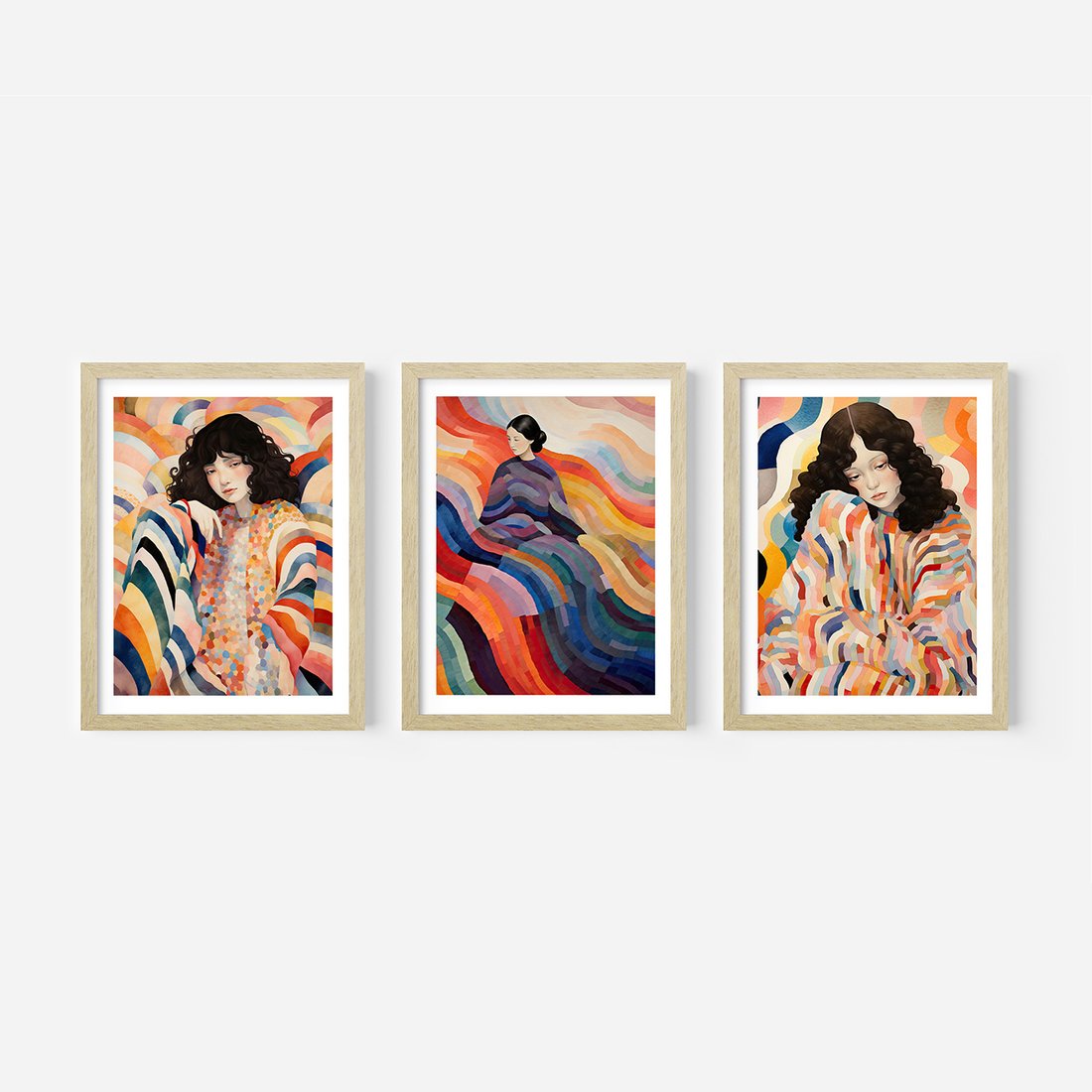 Zestaw obrazy w ramie, plakaty - kobieta, wzory, kolory, - rama drewno