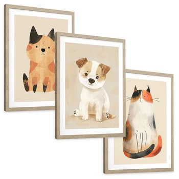 Zestaw obrazy w ramie, plakaty - zwierzęta, kot, pies - rama drewno